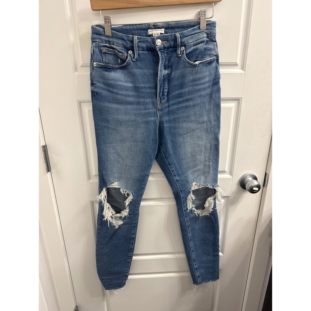 Good American Good Legs High Rise Skinny Distressed Jeans 6/28 Blue Raw Hem